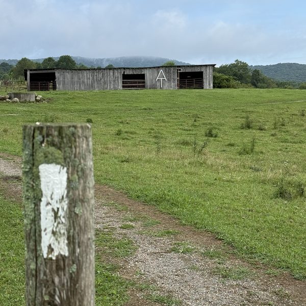 View of trail approaching the barn at Osborne Farm with large AT logo on the side. White blaze on a post in the foreground.